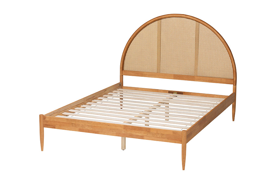 Baxton Studio Wrenley Japandi Oak Brown Wood Queen Bed with Antique Rattan