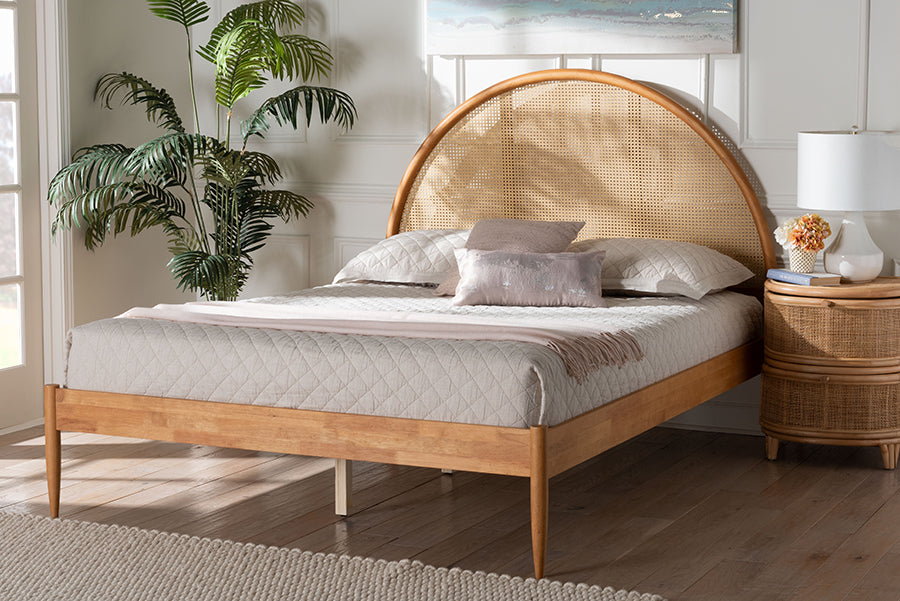 Baxton Studio Wrenley Japandi Oak Brown Wood Queen Bed with Antique Rattan