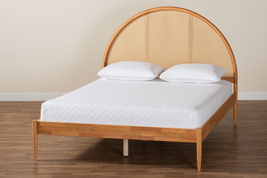 Baxton Studio Wrenley Japandi Oak Brown Wood Queen Bed with Antique Rattan