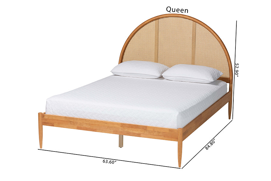 Baxton Studio Wrenley Japandi Oak Brown Wood Queen Bed with Antique Rattan