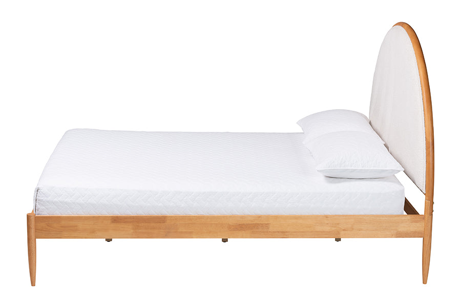 Baxton Studio Dawson Japandi Cream Teddy Fabric and Oak Brown Wood Queen Bed