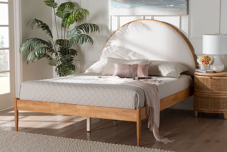 Baxton Studio Dawson Japandi Cream Teddy Fabric and Oak Brown Wood Queen Bed