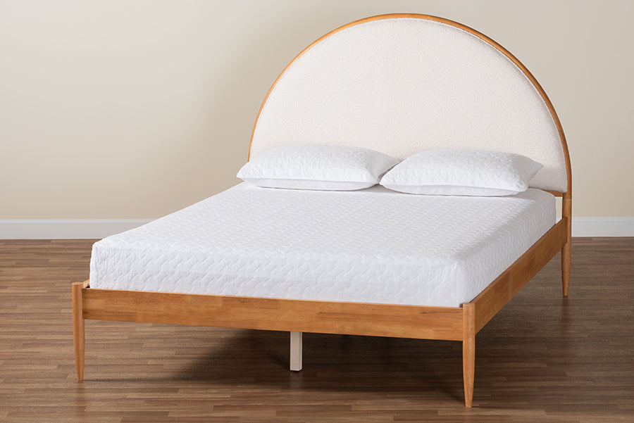 Baxton Studio Dawson Japandi Cream Teddy Fabric and Oak Brown Wood Queen Bed
