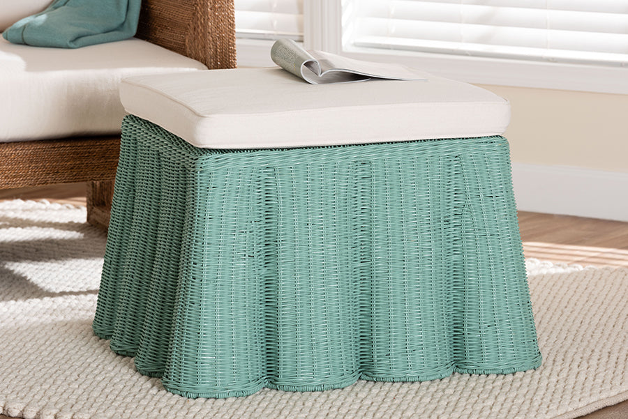 bali & pari Palm Bohemian Seafoam Green Scallop Rattan Ottoman