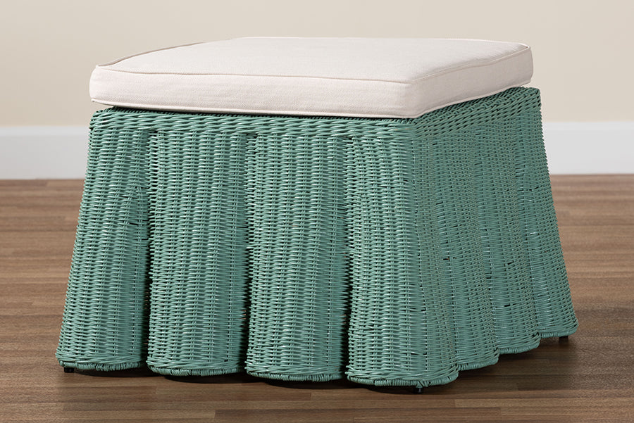 bali & pari Palm Bohemian Seafoam Green Scallop Rattan Ottoman