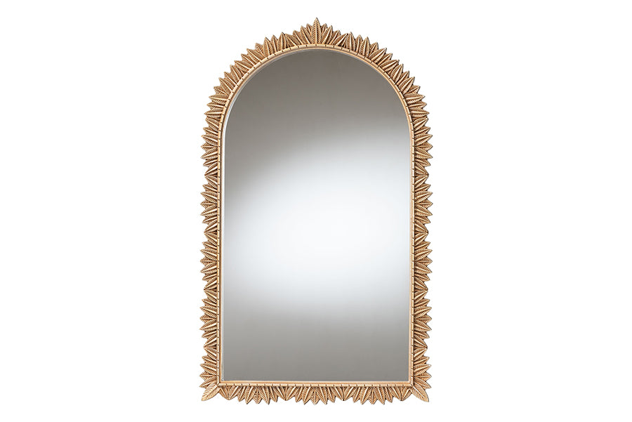 Baxton Studio Caitlin Antique Gold Finished Wood Arch Accent Wall Mirror with Carved Leaf Border