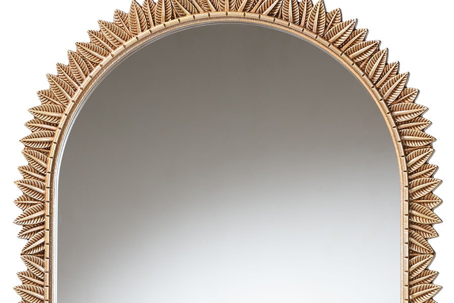 Baxton Studio Caitlin Antique Gold Finished Wood Arch Accent Wall Mirror with Carved Leaf Border