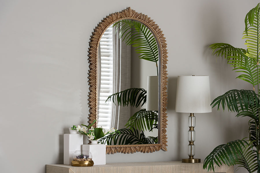 Baxton Studio Caitlin Antique Gold Finished Wood Arch Accent Wall Mirror with Carved Leaf Border