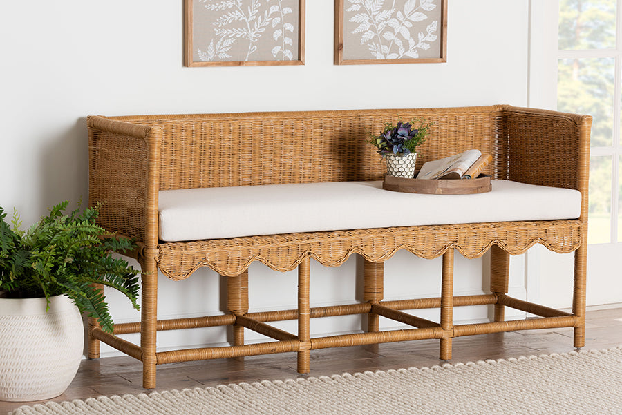 bali & pari Seranay Bohemian Scallop Light Honey Rattan Accent Bench