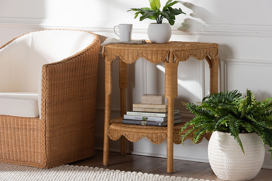 bali & pari Paisley Bohemian Scallop Light Honey Rattan Console Table
