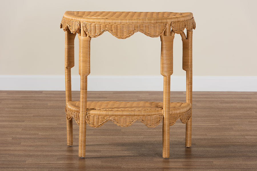 bali & pari Paisley Bohemian Scallop Light Honey Rattan Console Table