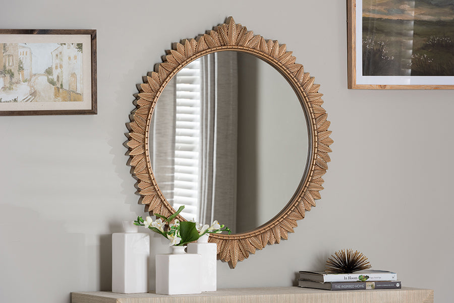 Baxton Studio Caitlin Antique Gold Finished Wood Round Accent Wall Mirror with Carved Leaf Border