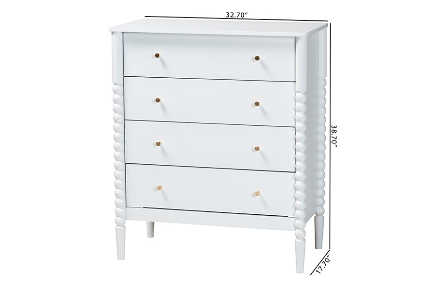 Baxton Studio Lucera Mid-Century White Bobbin Wood 4-Drawer Chest