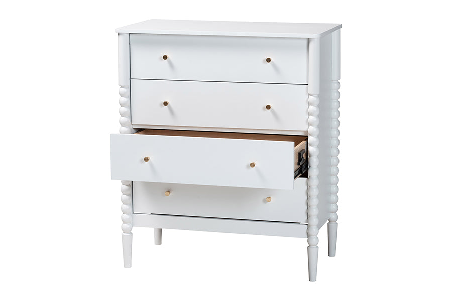 Baxton Studio Lucera Mid-Century White Bobbin Wood 4-Drawer Chest