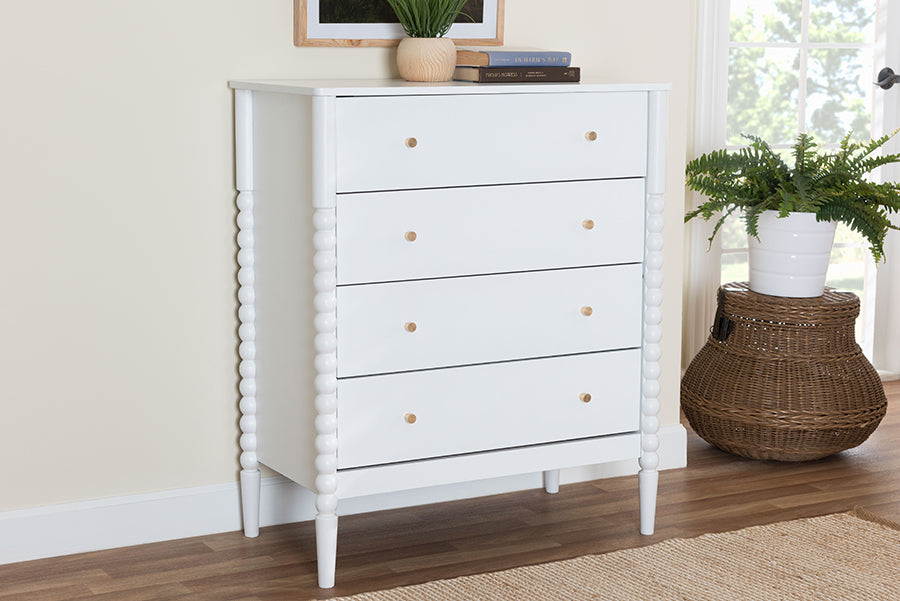Baxton Studio Lucera Mid-Century White Bobbin Wood 4-Drawer Chest