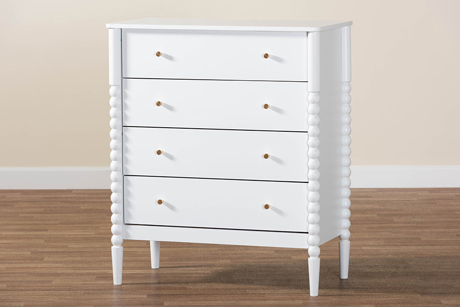 Baxton Studio Lucera Mid-Century White Bobbin Wood 4-Drawer Chest
