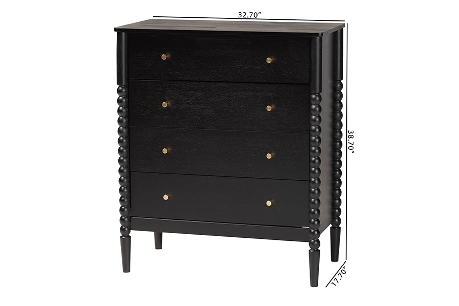 Baxton Studio Lucera Mid-Century Black Bobbin Wood 4-Drawer Chest