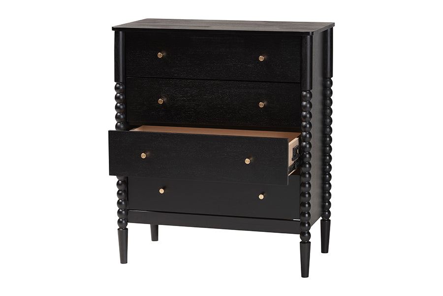 Baxton Studio Lucera Mid-Century Black Bobbin Wood 4-Drawer Chest