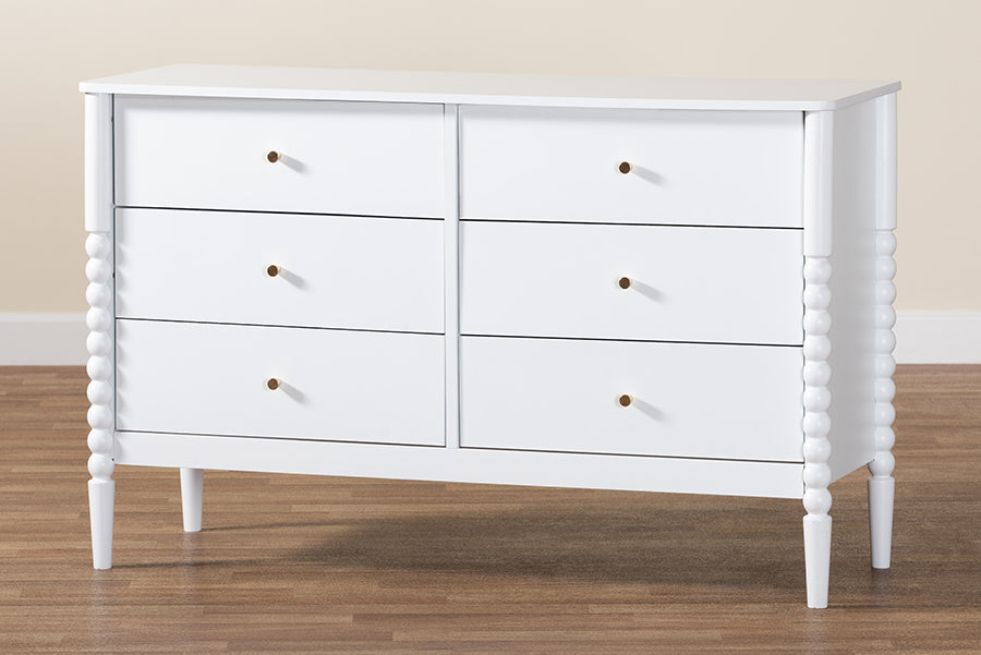 Baxton Studio Lucera Mid-Century White Bobbin Wood 6-Drawer Dresser