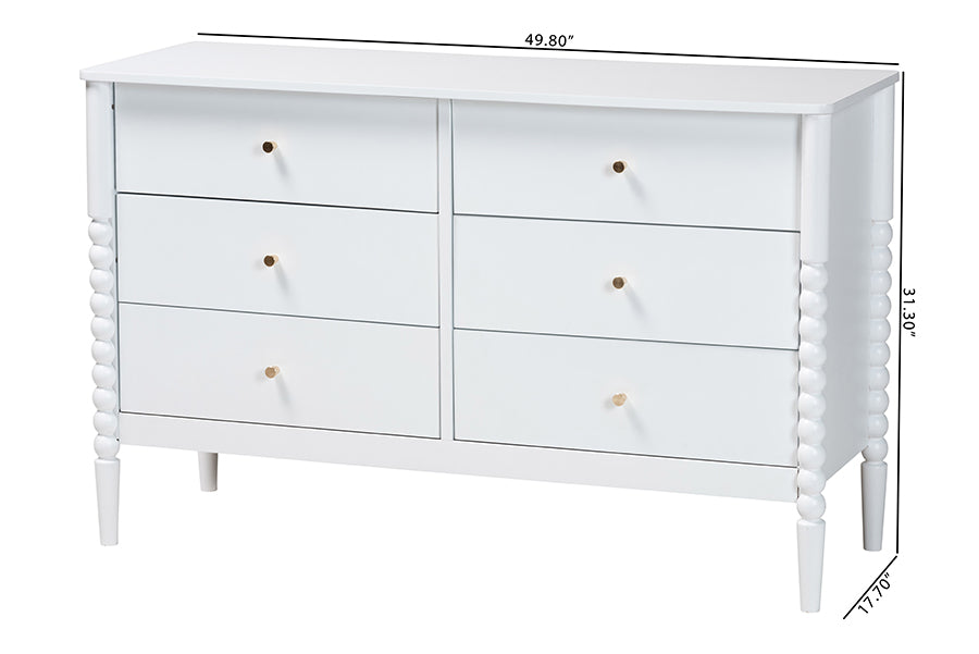 Baxton Studio Lucera Mid-Century White Bobbin Wood 6-Drawer Dresser
