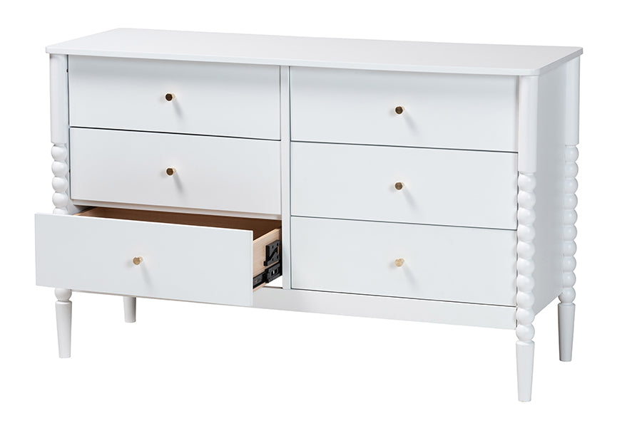 Baxton Studio Lucera Mid-Century White Bobbin Wood 6-Drawer Dresser