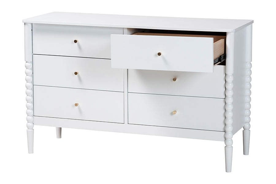 Baxton Studio Lucera Mid-Century White Bobbin Wood 6-Drawer Dresser