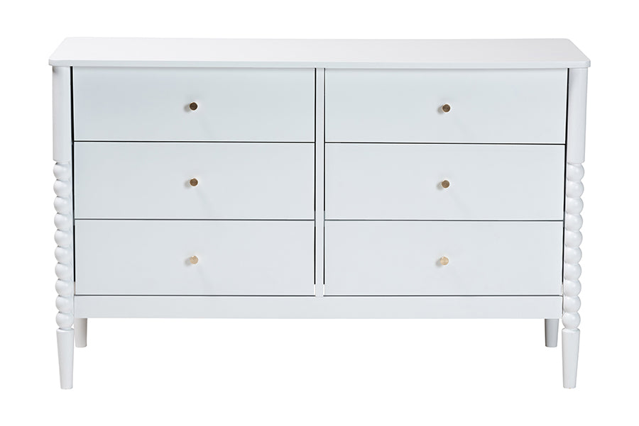 Baxton Studio Lucera Mid-Century White Bobbin Wood 6-Drawer Dresser