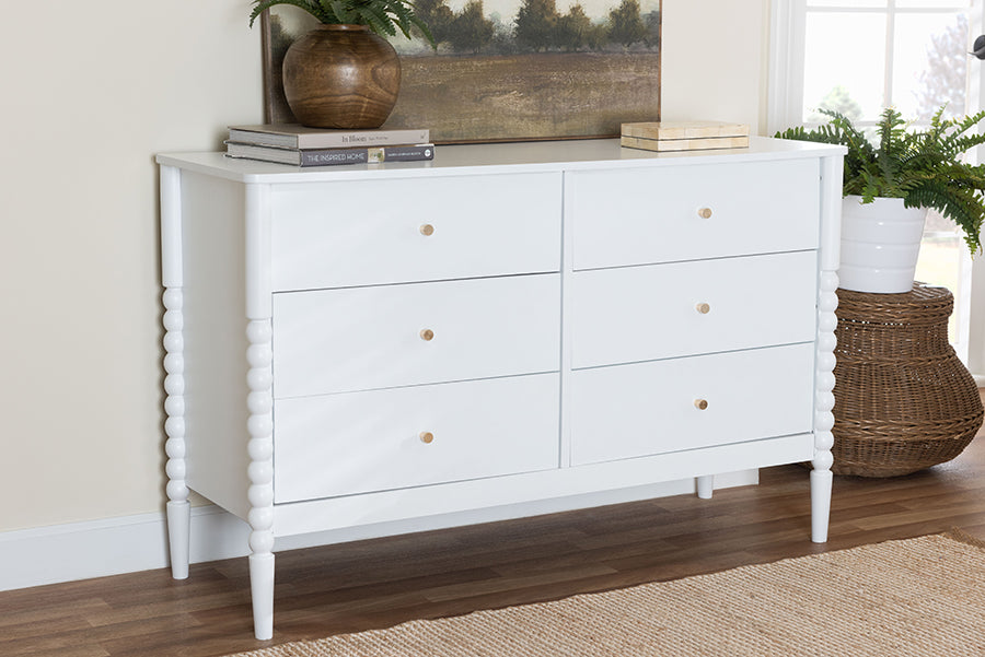 Baxton Studio Lucera Mid-Century White Bobbin Wood 6-Drawer Dresser