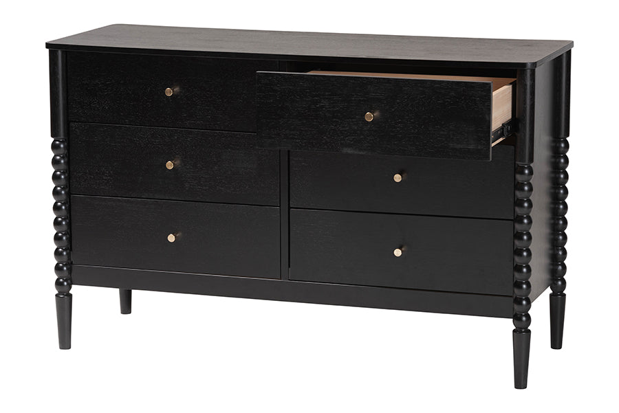 Baxton Studio Lucera Mid-Century Black Bobbin Wood 6-Drawer Dresser