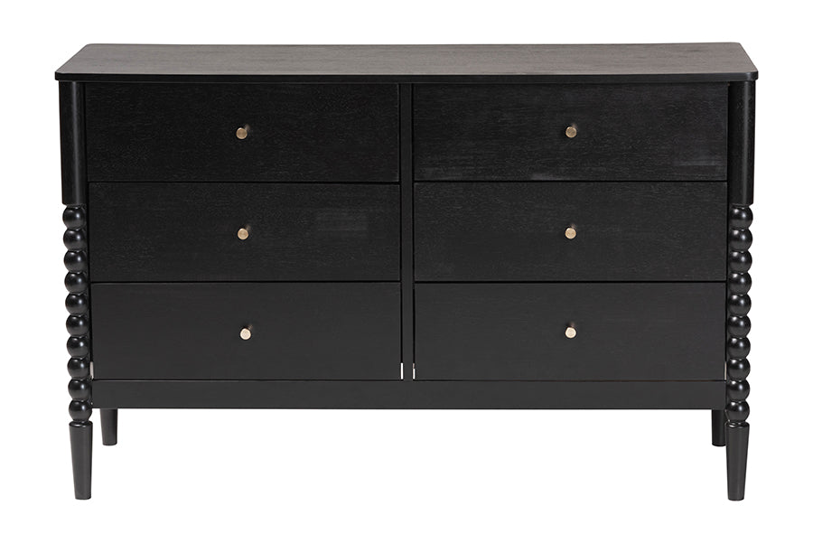 Baxton Studio Lucera Mid-Century Black Bobbin Wood 6-Drawer Dresser