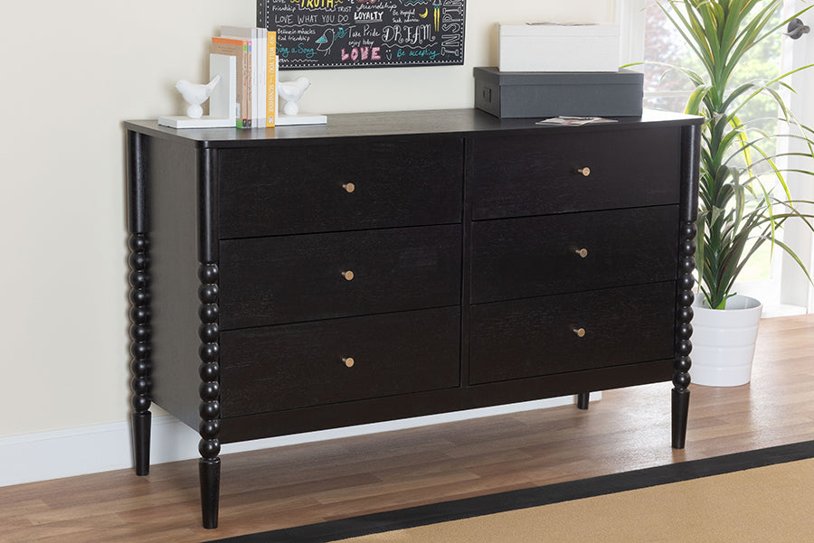 Baxton Studio Lucera Mid-Century Black Bobbin Wood 6-Drawer Dresser