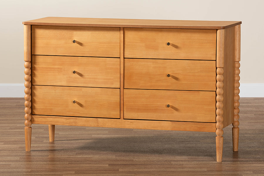 Baxton Studio Lucera Mid-Century Oak Brown Bobbin Wood 6-Drawer Dresser