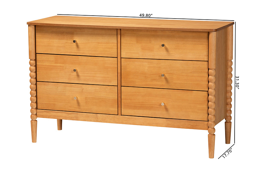 Baxton Studio Lucera Mid-Century Oak Brown Bobbin Wood 6-Drawer Dresser