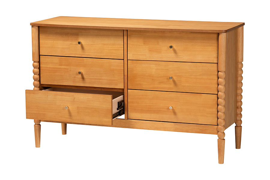 Baxton Studio Lucera Mid-Century Oak Brown Bobbin Wood 6-Drawer Dresser
