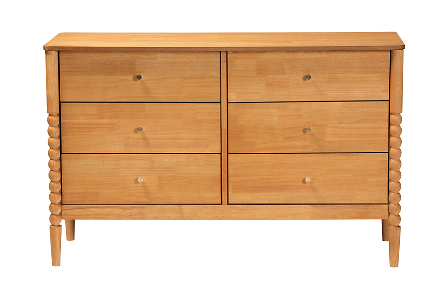 Baxton Studio Lucera Mid-Century Oak Brown Bobbin Wood 6-Drawer Dresser