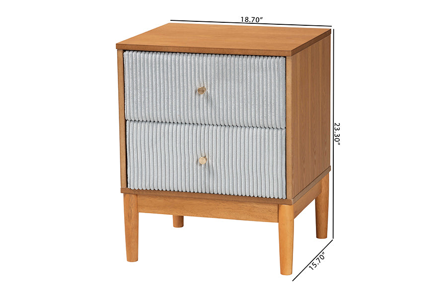 Baxton Studio Taylin Mid-Century Grey Corduroy and Oak Brown Wood 2-Drawer Nightstand