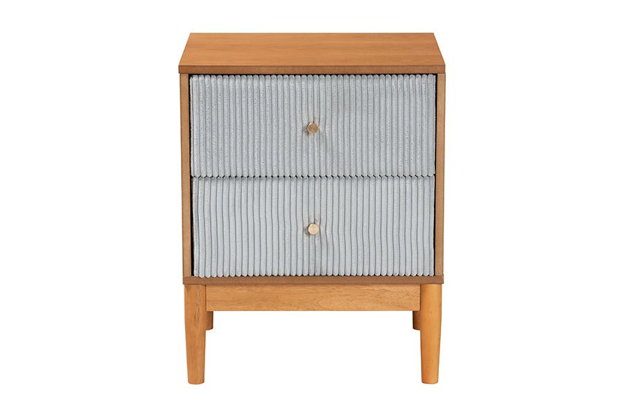 Baxton Studio Taylin Mid-Century Grey Corduroy and Oak Brown Wood 2-Drawer Nightstand