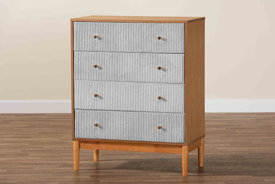 Baxton Studio Taylin Mid-Century Grey Corduroy and Oak Brown Wood 4-Drawer Chest