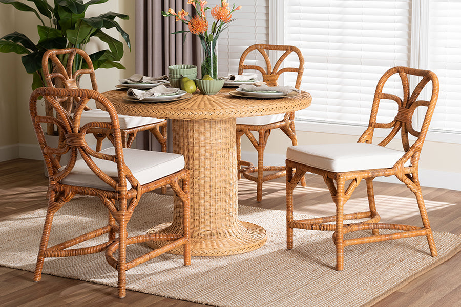 Bali & Pari Wilmer 5-Piece Rattan Dining Set – Round Wicker Table with Pedestal Base & 4 Side Chairs, Light Honey Coastal Style FredCo