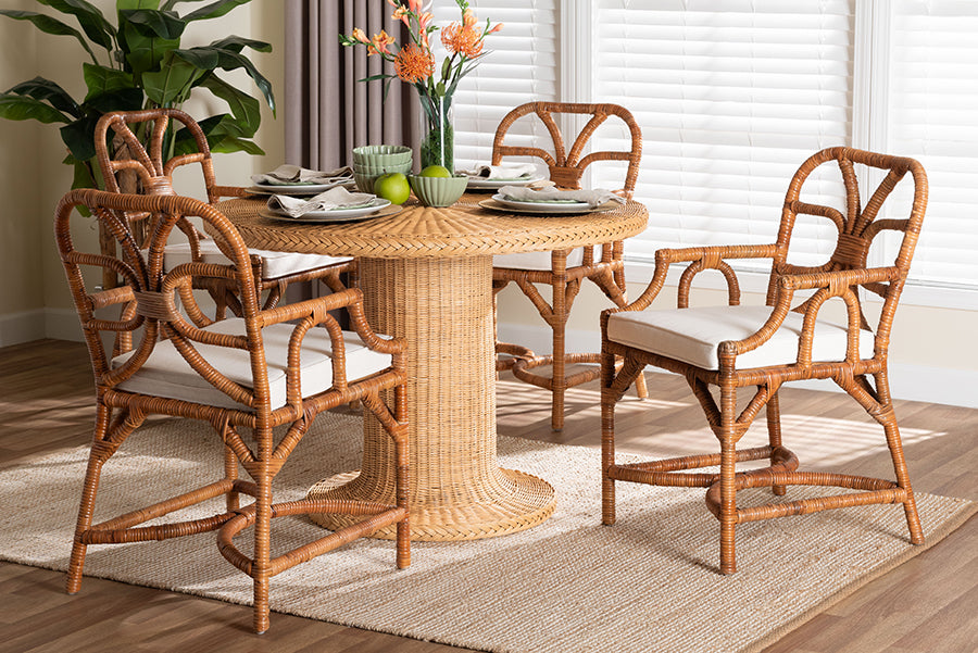 Bali & Pari Wade 5-Piece Rattan Dining Set – Round Wicker Table with Pedestal Base & 4 Armchairs, Light Honey Coastal Style FredCo