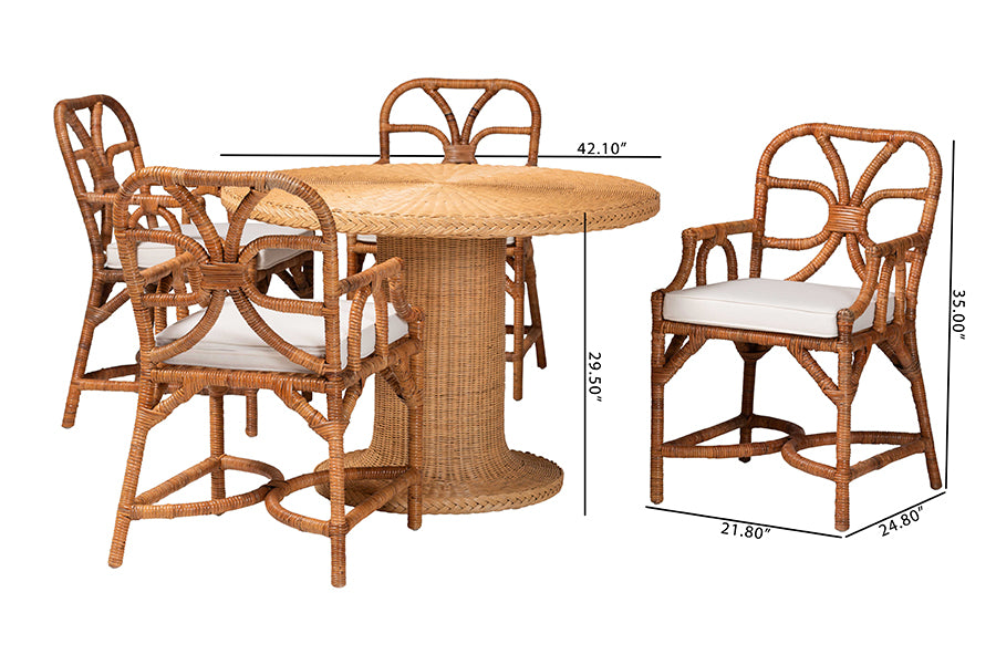 Bali & Pari Wade 5-Piece Rattan Dining Set – Round Wicker Table with Pedestal Base & 4 Armchairs, Light Honey Coastal Style FredCo