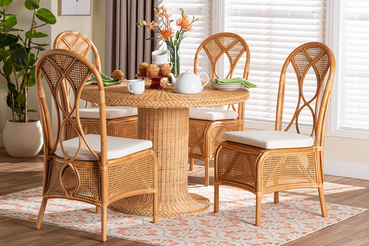 bali & pari Wallis 5-Piece Natural Rattan Dining Set with Round Pedestal Table and 4 Chairs, Handwoven Wicker Dining Furniture with Cushioned Seats, Boho Coastal Kitchen or Dining Room Set