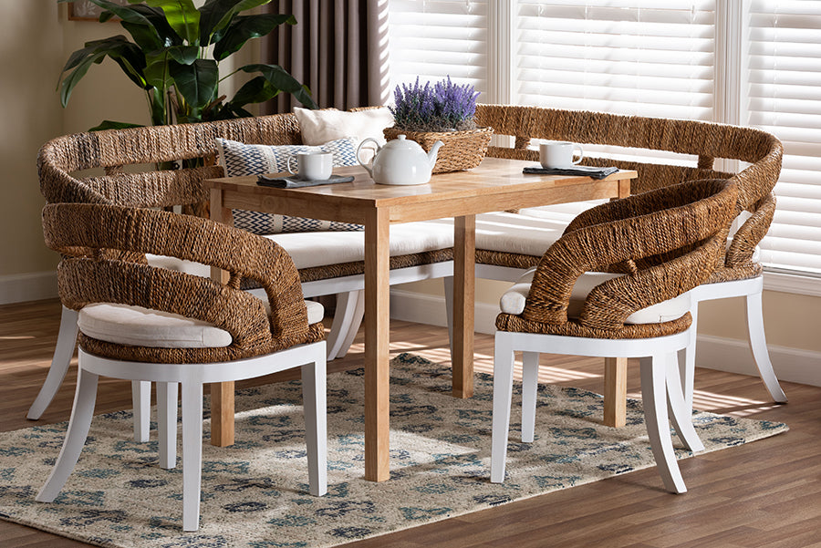 bali & pari Ubud Seagrass Dining Nook Set with Wood Table, Cushioned L-Shaped Bench and Chairs - Coastal Farmhouse Breakfast Corner Furniture Set for Kitchen or Dining Room, 5-Piece