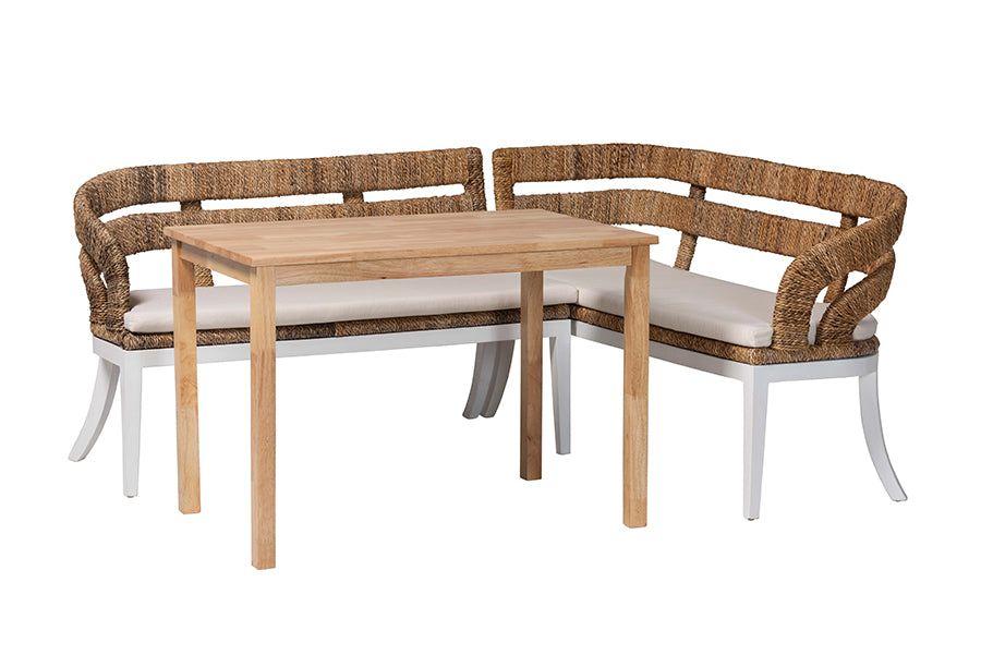 bali & pari Ubud Seagrass Dining Nook Set with Wood Dining Table and Cushioned L-Shaped Bench - Coastal Farmhouse Breakfast Corner Furniture Set for Kitchen or Dining Room, 3-Piece