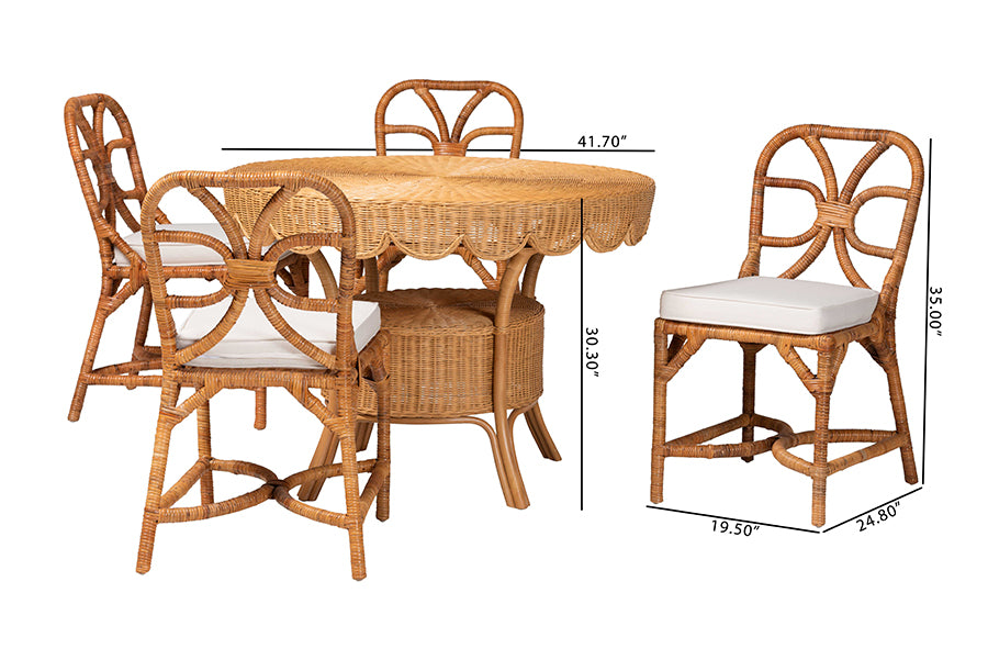 Bali & Pari Trenton 5-Piece Rattan Dining Set – Round Wicker Table with Scallop Edge & 4 Side Chairs, Light Honey Coastal Style FredCo