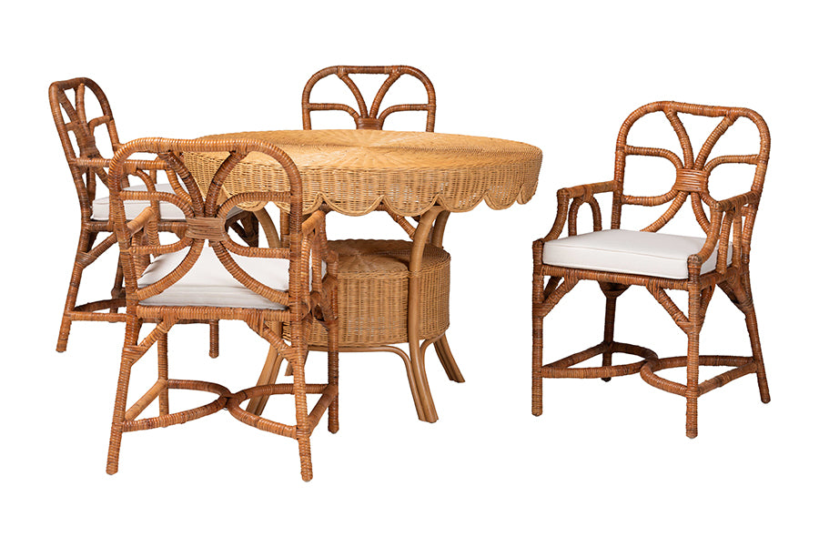 Bali & Pari Trevor 5-Piece Rattan Dining Set – Round Wicker Table with Scallop Edge & 4 Armchairs, Light Honey Coastal Style FredCo