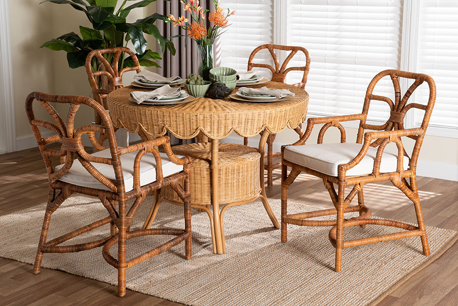 Bali & Pari Trevor 5-Piece Rattan Dining Set – Round Wicker Table with Scallop Edge & 4 Armchairs, Light Honey Coastal Style FredCo