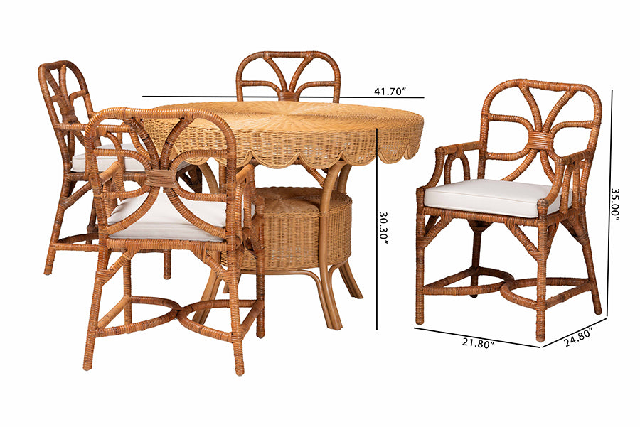 Bali & Pari Trevor 5-Piece Rattan Dining Set – Round Wicker Table with Scallop Edge & 4 Armchairs, Light Honey Coastal Style FredCo