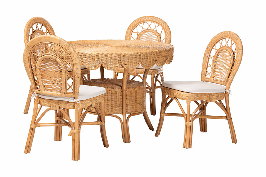 bali & pari Travis 5-Piece Natural Rattan Dining Set - Handwoven Wicker Set with Round Scalloped Edge Table and 4 Curved Back Chairs, Coastal Boho Dining Room Furniture with Cushioned Seating