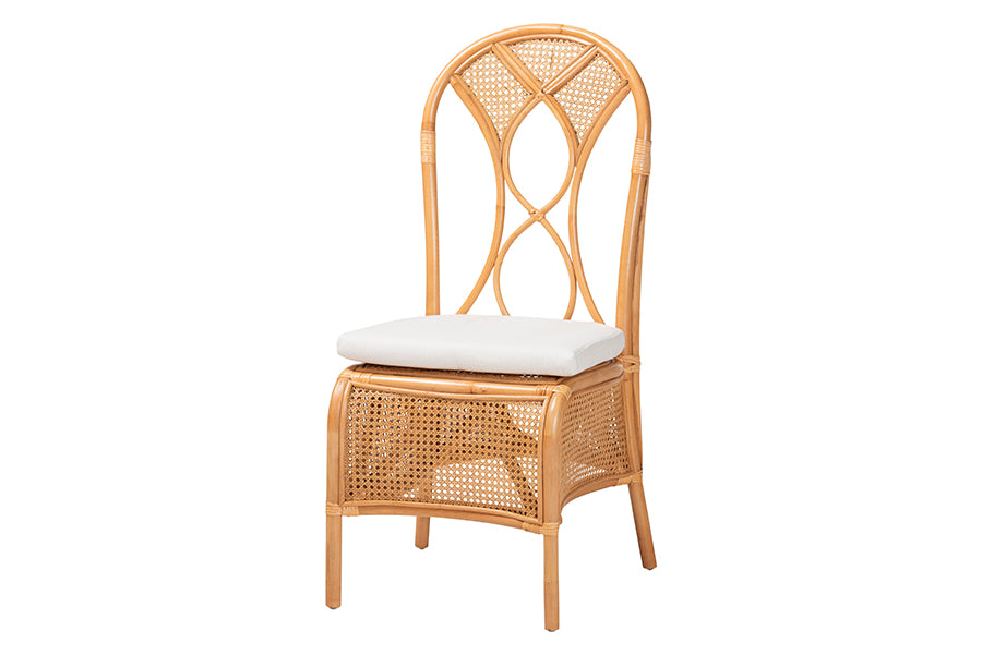 bali & pari Travis 5-Piece Natural Rattan Dining Set - Handwoven Wicker Set with Round Scalloped Edge Table and 4 Curved Back Chairs, Coastal Boho Dining Room Furniture with Cushioned Seating